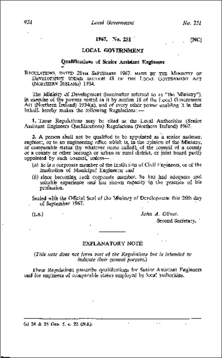 The Local Authorities (Senior Assistant Engineers Qualifications) Regulations (Northern Ireland) 1967