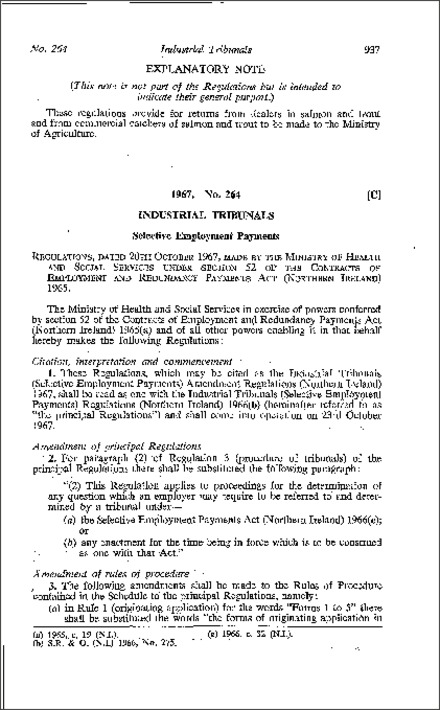 The Industrial Tribunals (Selective Employment Payments) Amendment Regulations (Northern Ireland) 1967