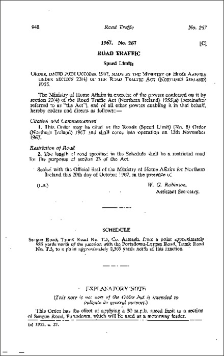 The Roads (Speed Limit) (No. 8) Order (Northern Ireland) 1967