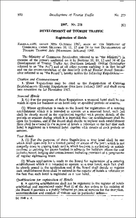 The Registration of Catering Establishments (Hotels) Regulations (Northern Ireland) 1967