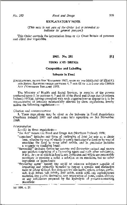 The Solvents in Food Regulations (Northern Ireland) 1967