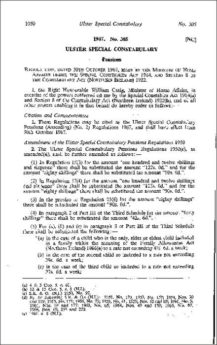 The Ulster Special Constabulary Pensions (Amendment) (No. 2) Regulations (Northern Ireland) 1967