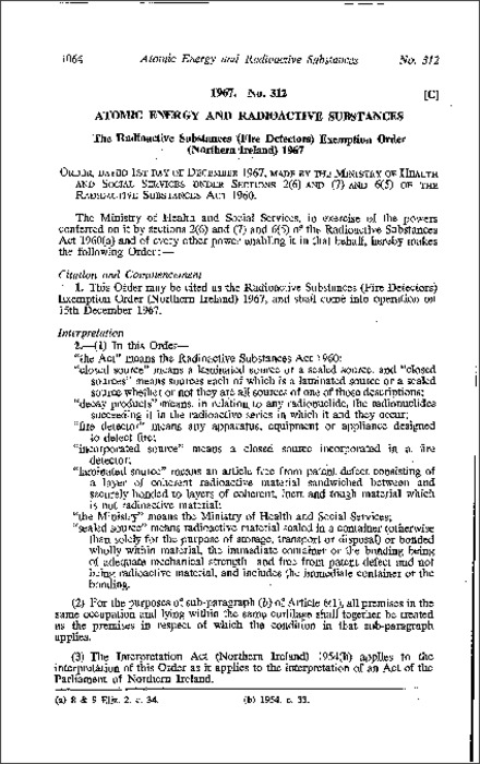 The Radioactive Substances (Fire Detectors) Exemption Order (Northern Ireland) 1967