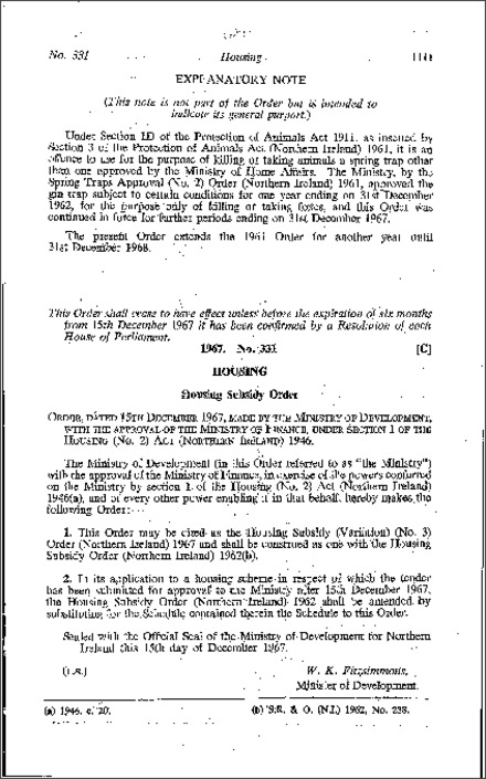 The Housing Subsidy (Variation) (No. 3) Order (Northern Ireland) 1967