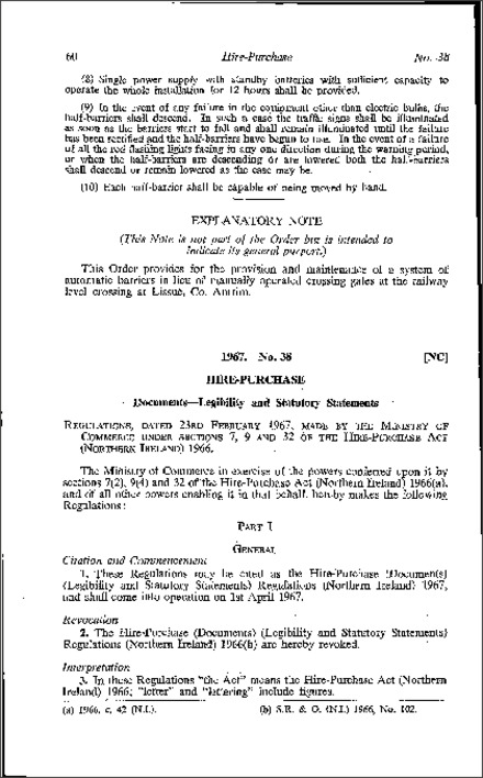 The Hire-Purchase (Documents) (Legibility and Statutory Statements) Regulations (Northern Ireland) 1967