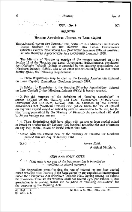 The Housing Associations (Interest on Loans Capital) Regulations (Northern Ireland) 1967