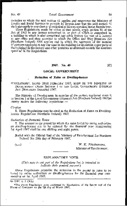 The Reduction of Rates on Dwelling-houses Regulations (Northern Ireland) 1967