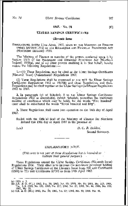 The Ulster Savings Certificates (Eleventh Issue) (Amendment) Regulations (Northern Ireland) 1967