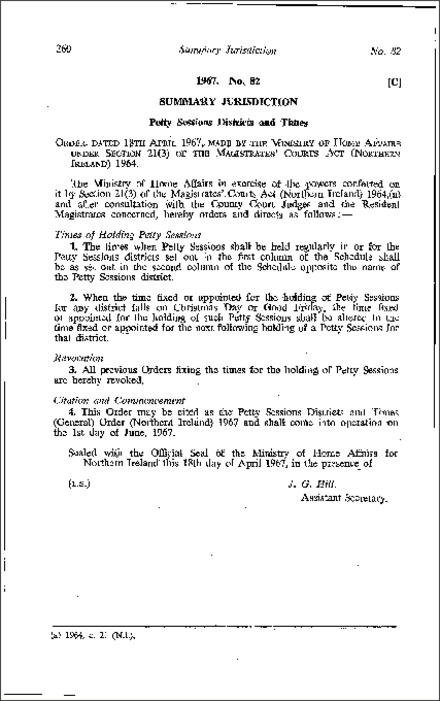 The Petty Sessions Districts and Times (General) Order (Northern Ireland) 1967