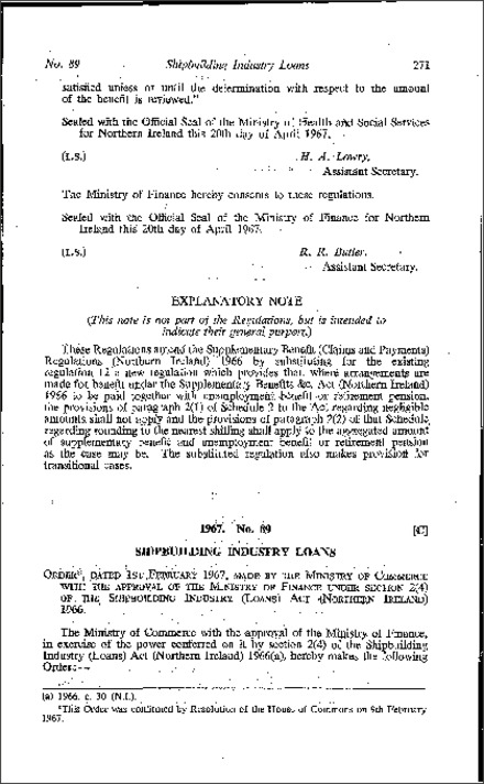 The Shipbuilding Industry (Loans) Order (Northern Ireland) 1967