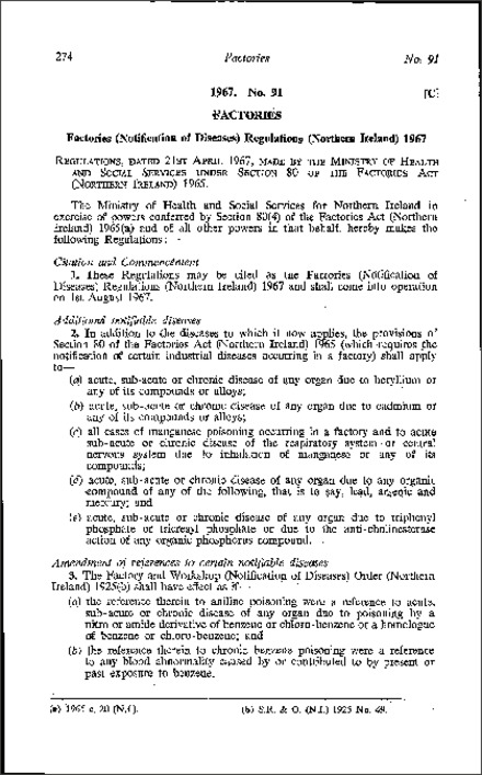 The Factories (Notification of Diseases) Regulations (Northern Ireland) 1967
