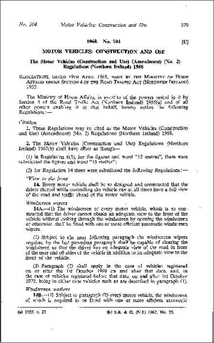 The Motor Vehicles (Construction and Use) (Amendment) (No. 2) Regulations (Northern Ireland) 1968