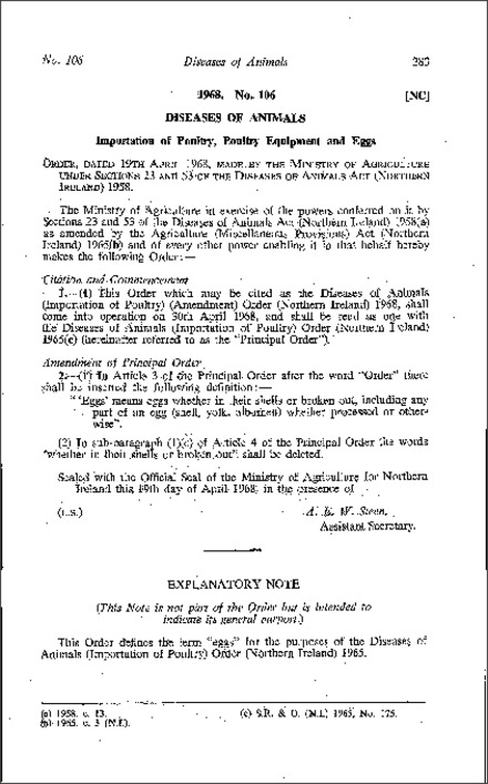 The Diseases of Animals (Importation of Poultry) (Amendment) Order (Northern Ireland) 1968
