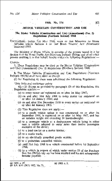The Motor Vehicles (Construction and Use) (Amendment) (No. 3) Regulations (Northern Ireland) 1968