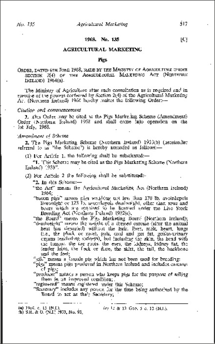 The Pigs Marketing Scheme (Amendment) Order (Northern Ireland) 1968