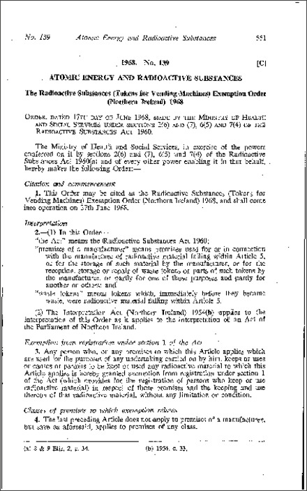 The Radioactive Substances (Tokens for Vending Machines) Exemption Order (Northern Ireland) 1968