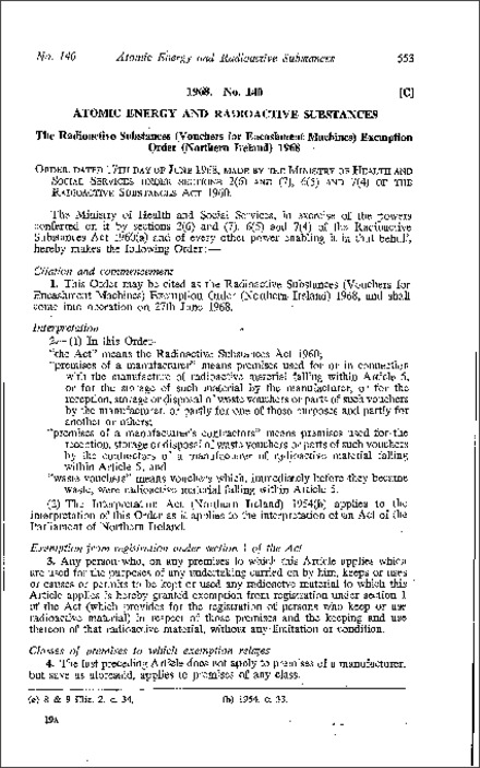 The Radioactive Substances (Vouchers for Encashment Machines) Exemption Order (Northern Ireland) 1968