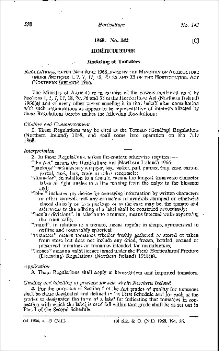 The Tomato (Grading) Regulations (Northern Ireland) 1968