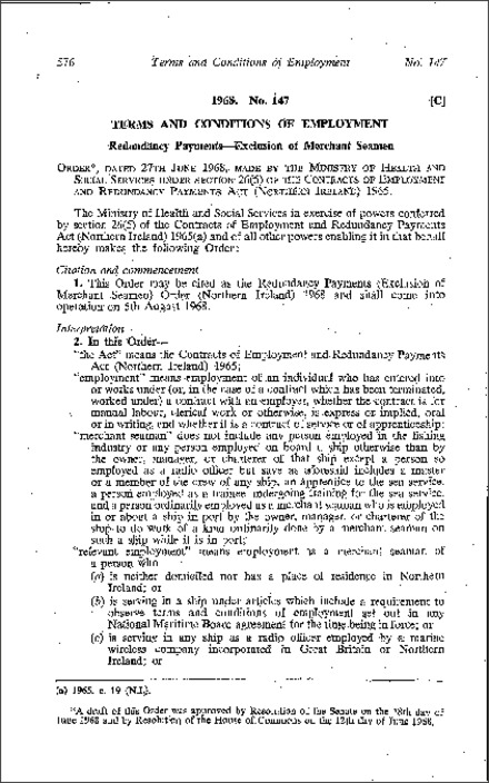 The Redundancy Payments (Exclusion of Merchant Seamen) Order (Northern Ireland) 1968