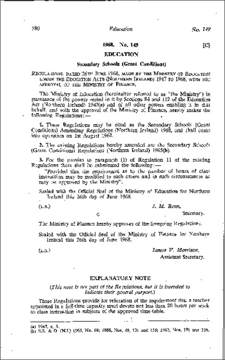 The Secondary Schools (Grant Conditions) Amendment Regulations (Northern Ireland) 1968