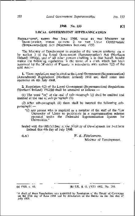 The Local Government (Superannuation) (Amendment) Regulations (Northern Ireland) 1968