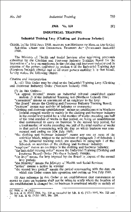 The Industrial Training Levy (Clothing and Footwear Industry) Order (Northern Ireland) 1968