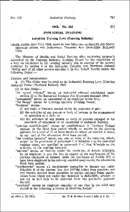 The Industrial Training Levy (Catering Industry) Order (Northern Ireland) 1968