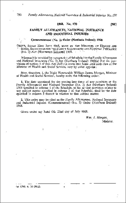 The Family Allowances, National Insurance and Industrial Injuries (Commencement) (No. 2) Order (Northern Ireland) 1968