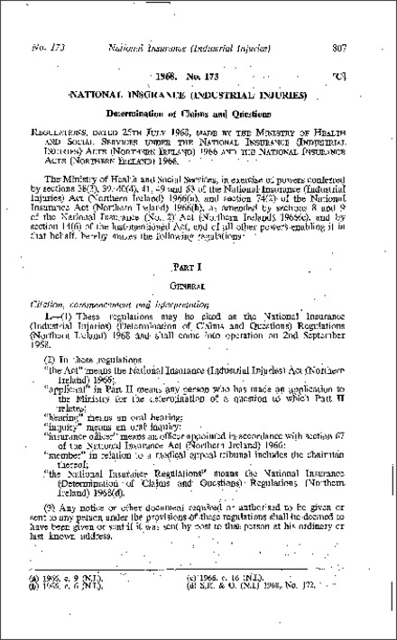 The National Insurance (Industrial Injuries) (Determination of Claims and Questions) Regulations (Northern Ireland) 1968