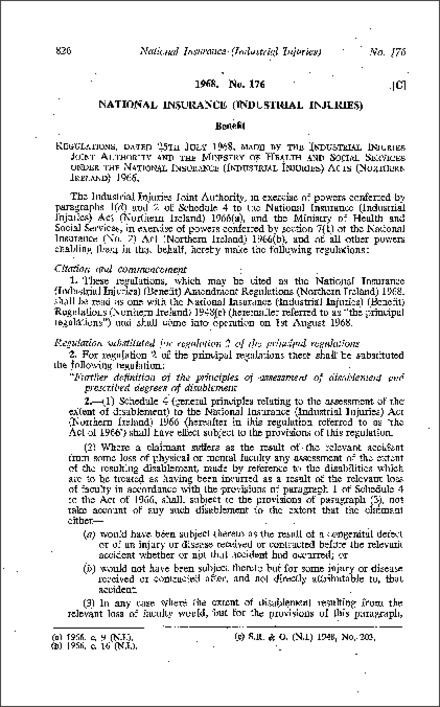 The National Insurance (Industrial Injuries) (Benefit) Amendment Regulations (Northern Ireland) 1968