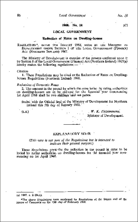 The Reduction of Rates on Dwelling-houses Regulations (Northern Ireland) 1968