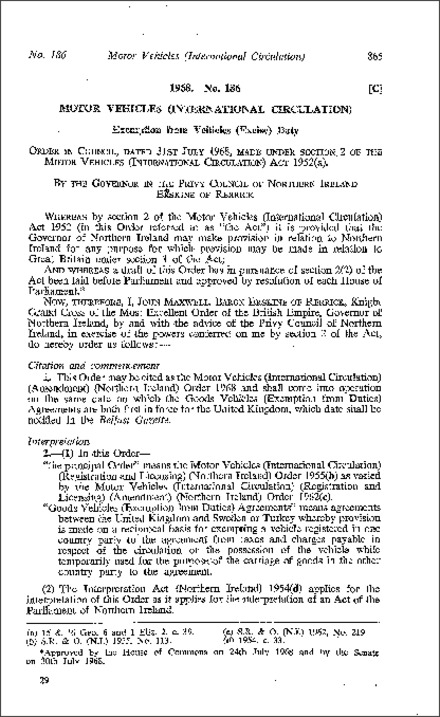 The Motor Vehicles (International Circulation) (Amendment) Order (Northern Ireland) 1968