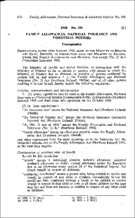 The Family Allowances, National Insurance and Industrial Injuries (Consequential) (No. 2) Regulations (Northern Ireland) 1968