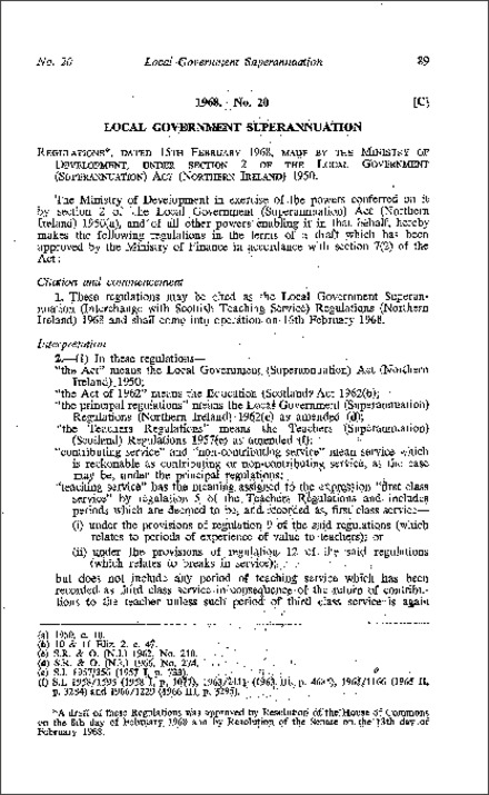 The Local Government Superannuation (Interchange with Scottish Teaching Service) Regulations (Northern Ireland) 1968