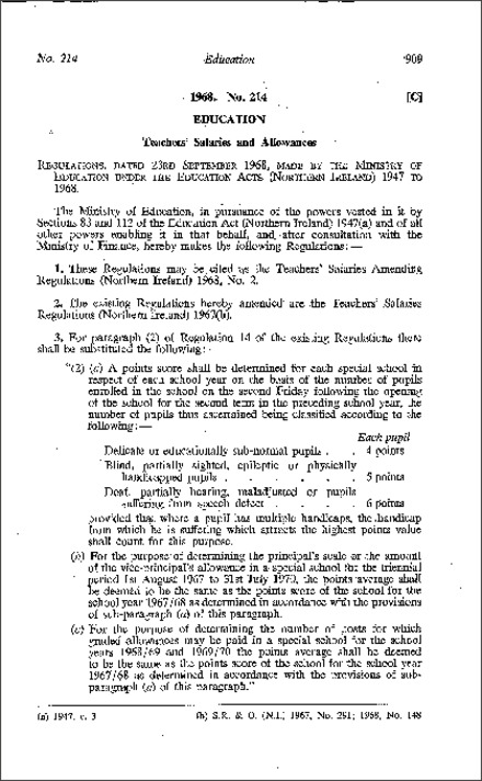 The Teachers' Salaries Amendment Regulations 1968 No. 2 (Northern Ireland) 1968