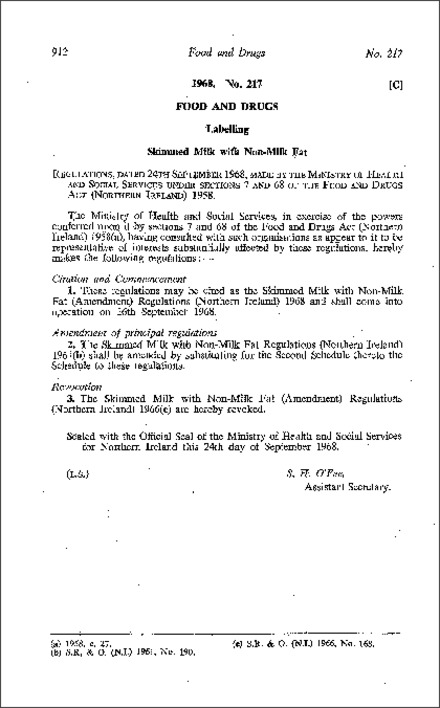 The Skimmed Milk with Non-Milk Fat (Amendment) Regulations (Northern Ireland) 1968