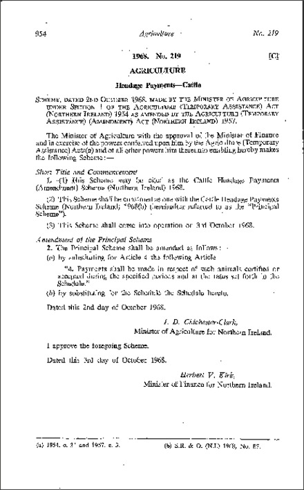 The Cattle Headage Payments (Amendment) Scheme (Northern Ireland) 1968