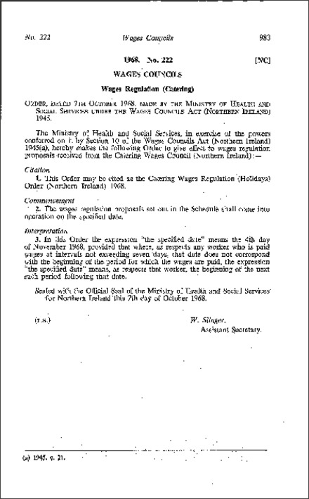 The Catering Wages Regulations (Holidays) Order (Northern Ireland) 1968