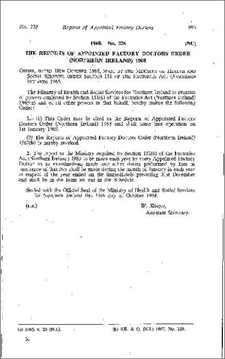 The Reports of Appointed Factory Doctors Order (Northern Ireland) 1968