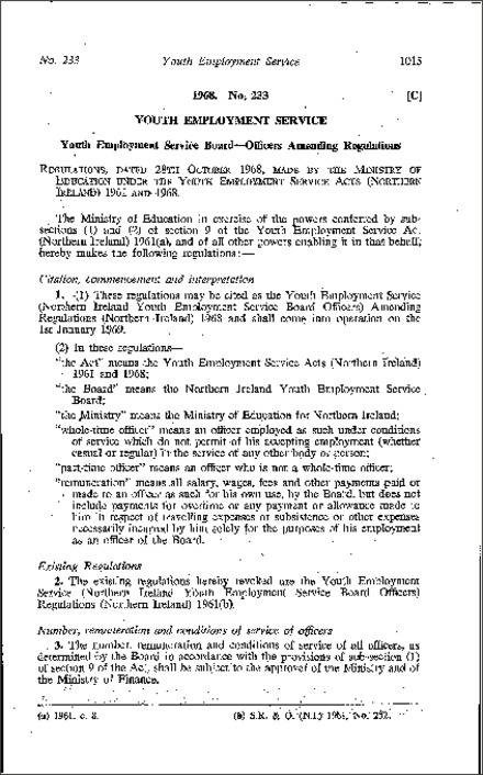 The Youth Employment Service (Northern Ireland Youth Employment Service Board Officers) Amendment Regulations (Northern Ireland) 1968