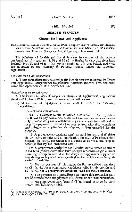 The Health Services (Charges for Drugs and Appliances) (Amendment) Regulations (Northern Ireland) 1968