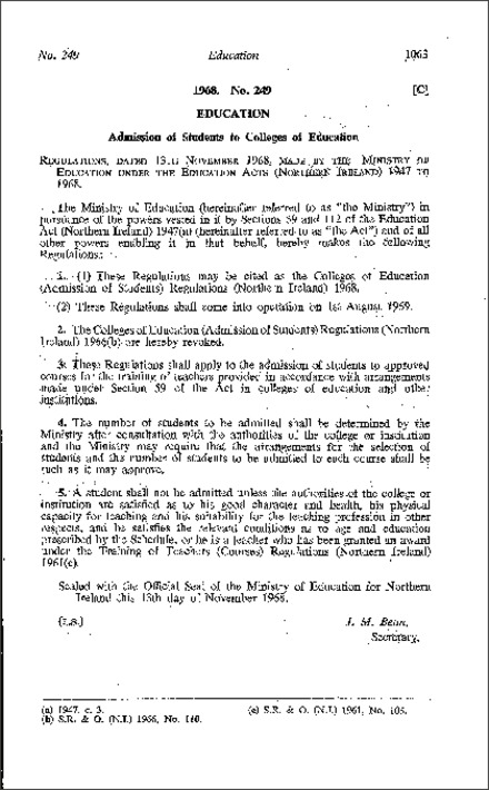 The Colleges of Education (Admission of Students) Regulations (Northern Ireland) 1968