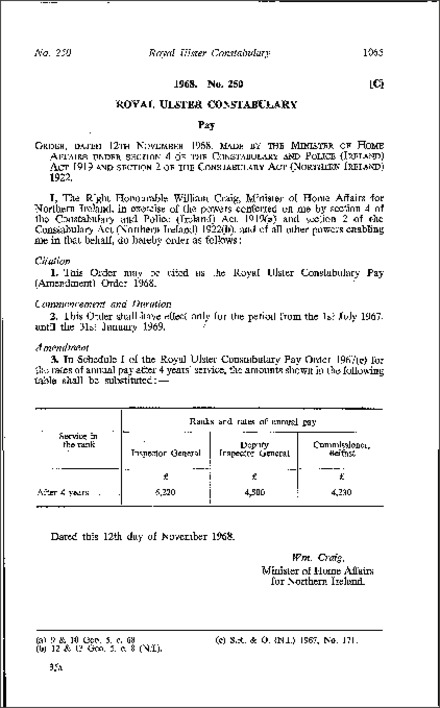 The Royal Ulster Constabulary Pay (Amendment) Order (Northern Ireland) 1968