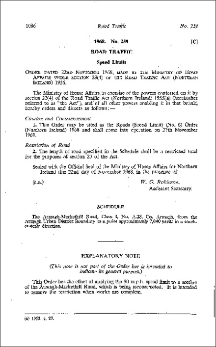 The Roads (Speed Limit) (No. 6) Order (Northern Ireland) 1968