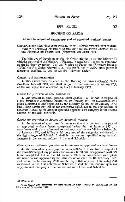 The Housing on Farms (Grants) Order (Northern Ireland) 1968