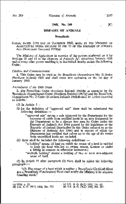 The Brucellosis (Amendment No. 3) Order (Northern Ireland) 1968