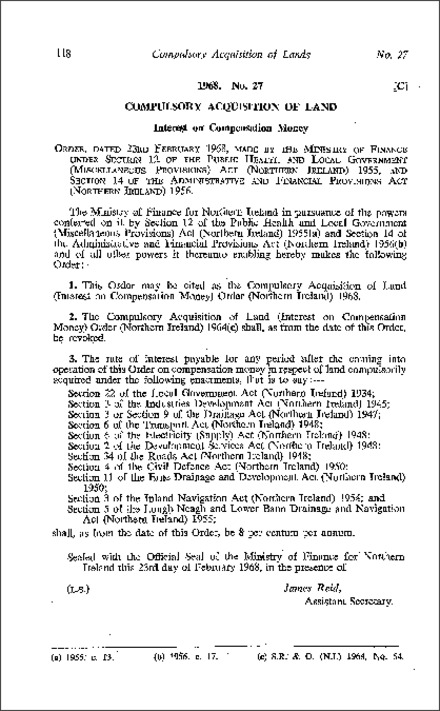 The Compulsory Acquisition of Land (Interest on Compensation Money) Order (Northern Ireland) 1968