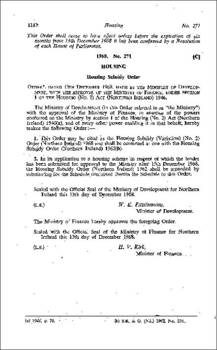 The Housing Subsidy (Variation) (No. 2) Order (Northern Ireland) 1968