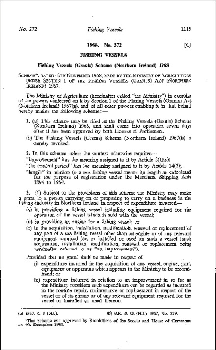 The Fishing Vessels (Grants) Scheme (Northern Ireland) 1968