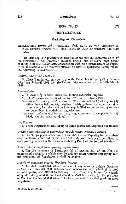The Cucumber (Grading) Regulations (Northern Ireland) 1968